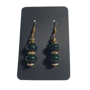 Gold Hook Green Beaded Dangle Earrings Handmade Jewelry Rhinestone Accents Gift